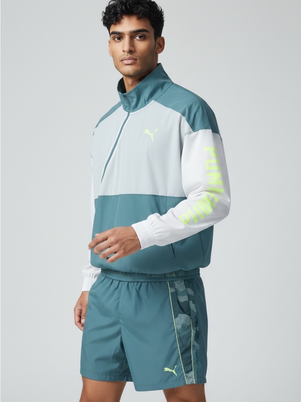 PUMA Men's set Teal, White & Neon Green training Hybrid Set large top shorts xl